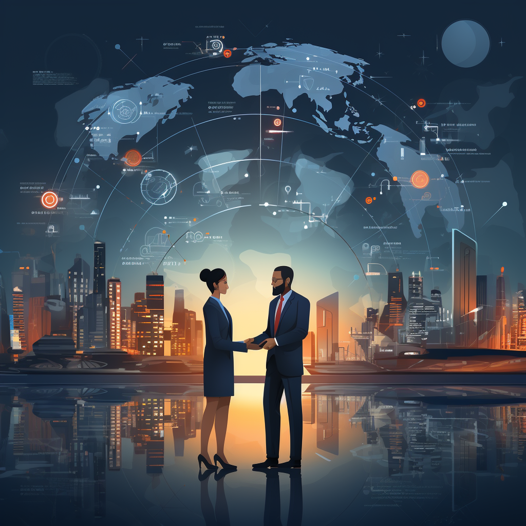 An illustration of a suited man and suited woman meeting and talking. The background depicts a cityscape with a concept of a world atlas above it.