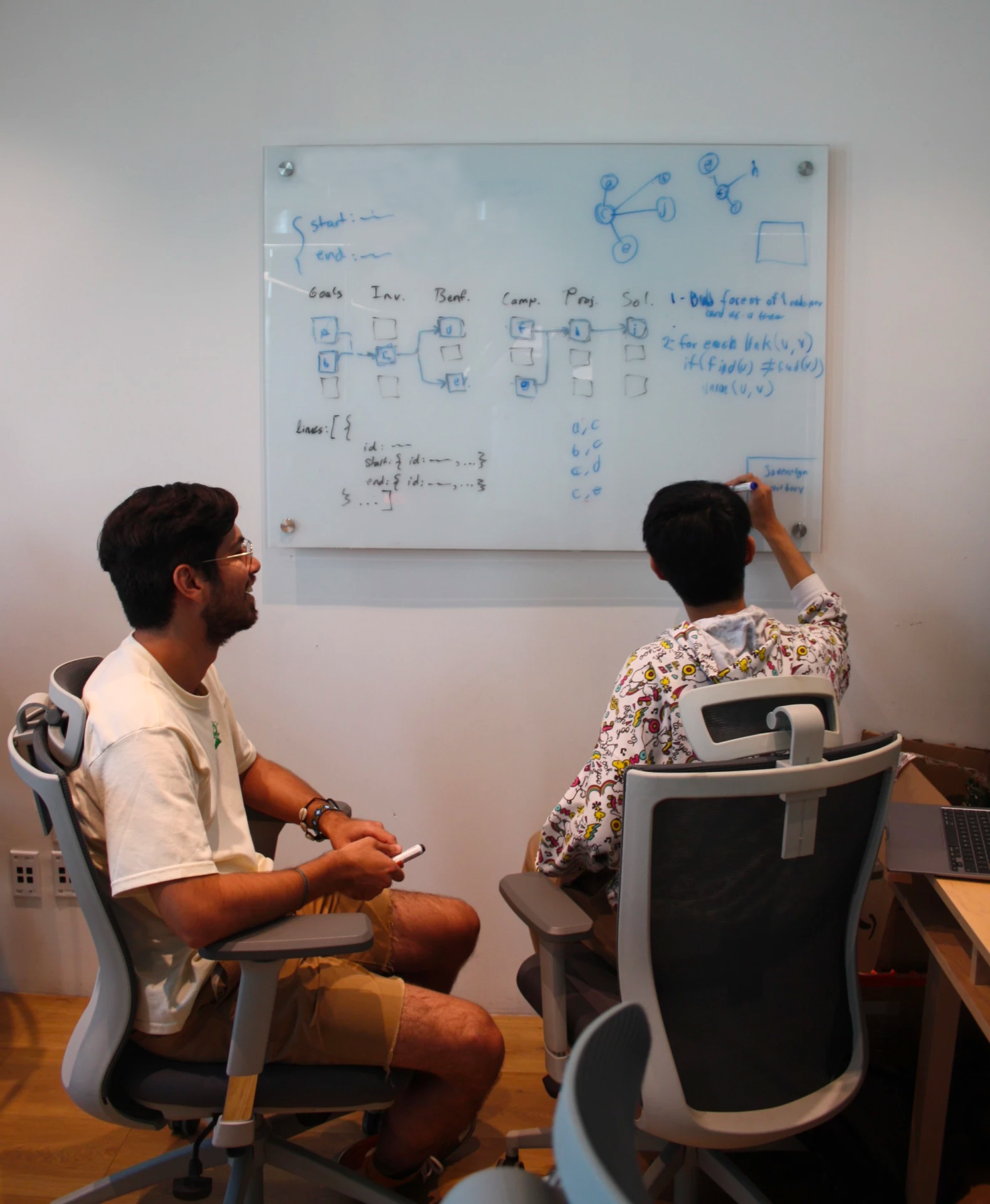 Cesar and Eric are solving technical problems on a whiteboard