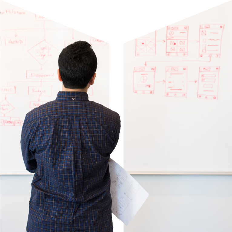 A man (facing away) looks at a user flow and wireframes on a whiteboard
